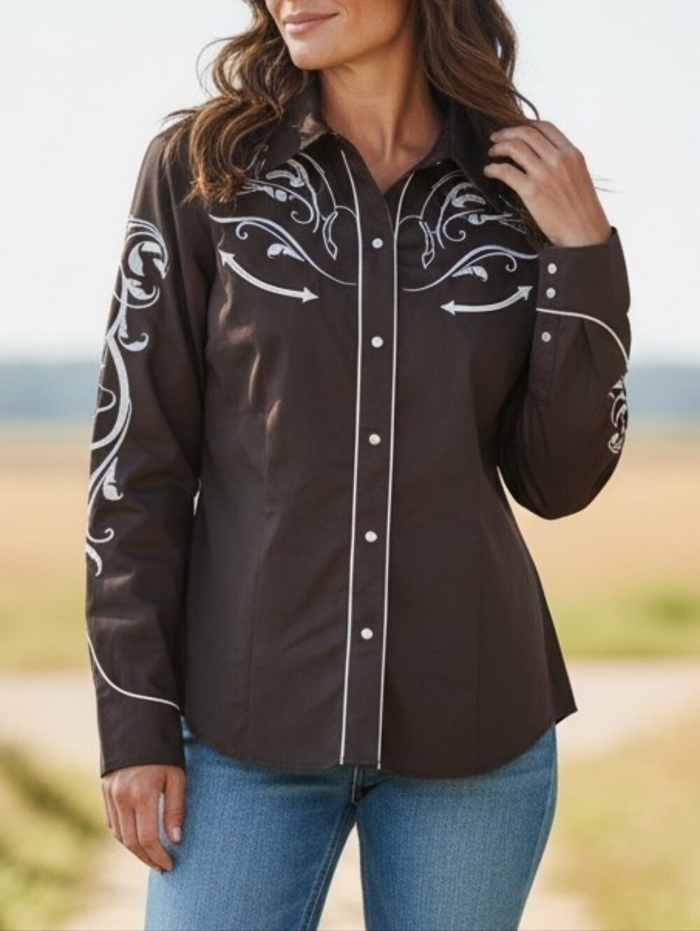 Roper Women's Brown Country Western Embroidered Long Sleeve Cowgirl Shirt